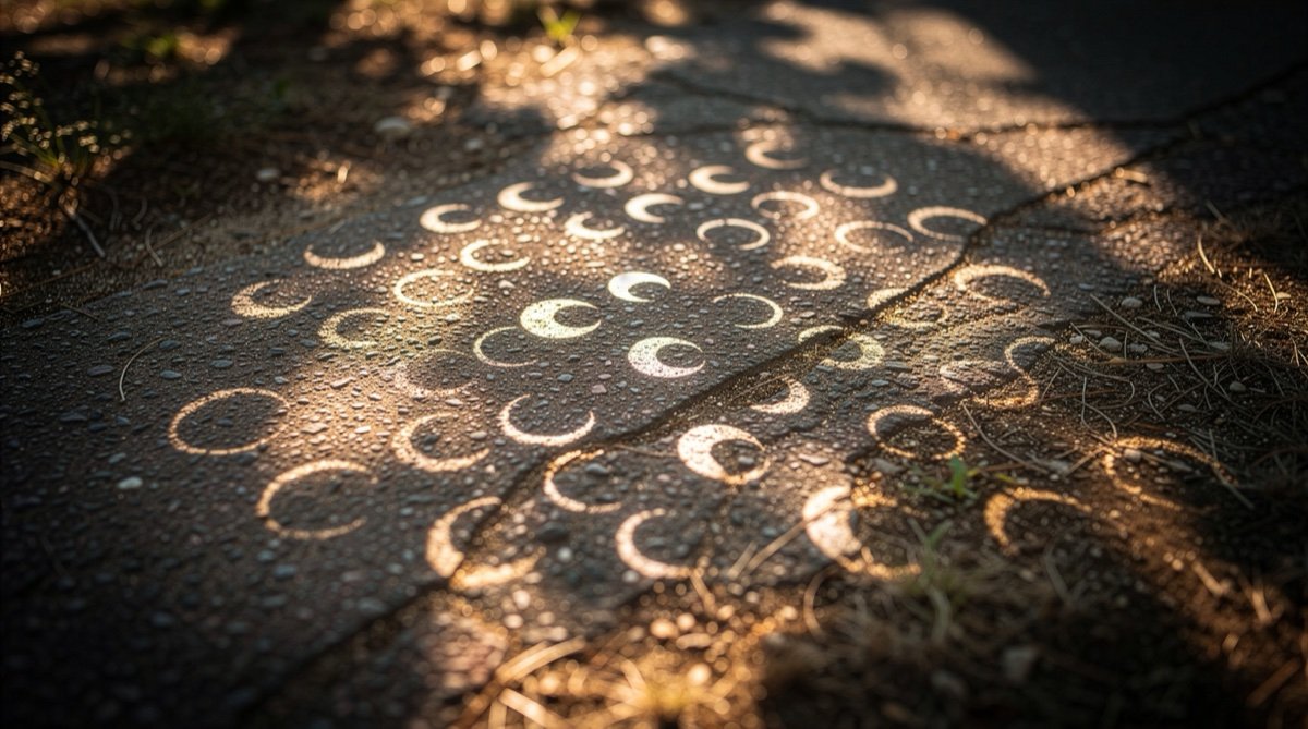 Ombres en croissant projetées au sol sous un arbre pendant la phase partielle